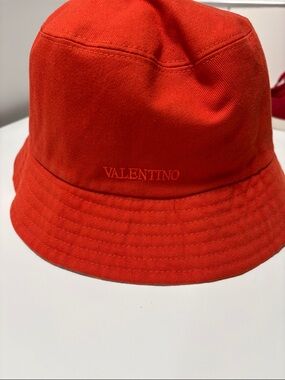 Authentic - reversible- Valentino Bright Red-Orange Embroidered Logo Bucket Hat